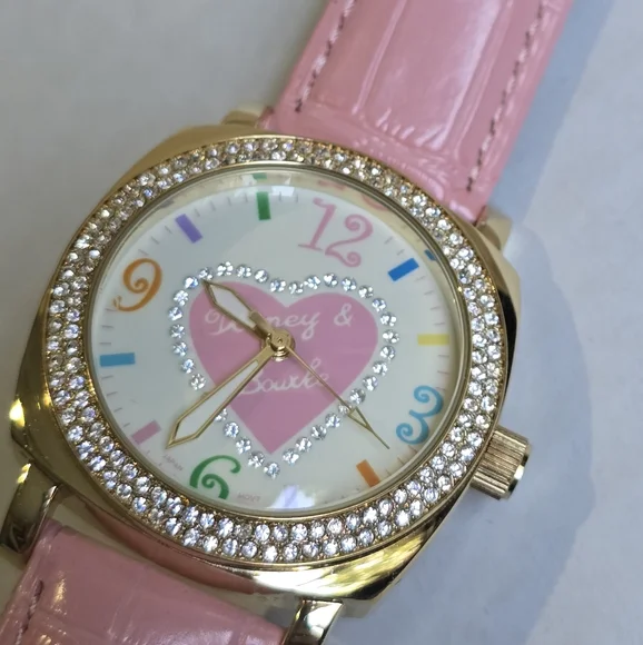 Y2K Dooney & Bourke Hearts Design Rhinestone Bezel Watch Pink Leather Band - Picture 3 of 11